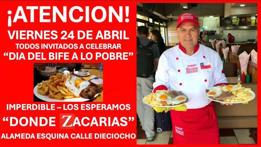 Plato de Bife a lo Pobre tradicional chileno servido en el Restaurante Donde Zacarías en Santiago.