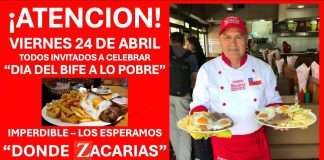 Celebra el «Día Nacional del Bife a lo Pobre» con una imperdible promoción en Donde Zacarías Plato de Bife a lo Pobre tradicional chileno servido en el Restaurante Donde Zacarías en Santiago.